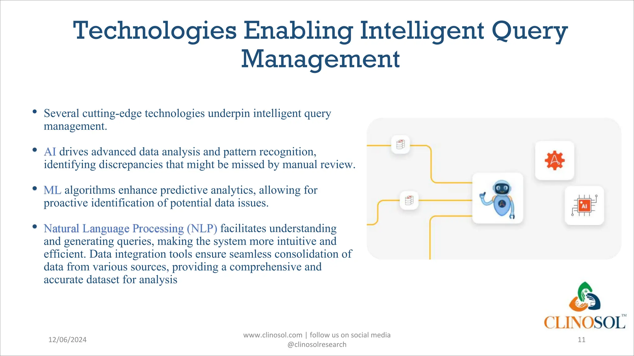 Technologies Enabling Intelligent Query
Management
• Several cutting-edge technologies underpin intelligent query
management.
drives advanced data analysis and pattern recognition,
identifying discrepancies that might be missed by manual review.
algorithms enhance predictive analytics, allowing for
proactive identification of potential data issues.
facilitates understanding
and generating queries, making the system more intuitive and
efficient. Data integration tools ensure seamless consolidation of
data from various sources, providing a comprehensive and
accurate dataset for analysis
12/06/2024
www.clinosol.com | follow us on social media
@clinosolresearch
11
 