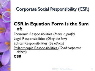 Corporate Social Responsibility (CSR) CSR in Equation Form Is the Sum of: Economic Responsibilities ( Make a profit) Legal Responsibilities ( Obey the law ) Ethical Responsibilities ( Be ethical) Philanthropic Responsibilities  ( Good corporate citizen ) CSR 12/1/2011 By Saurabh Kumar 