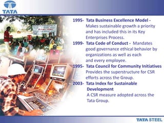 21
1995- Tata Business Excellence Model -
Makes sustainable growth a priority
and has included this in its Key
Enterprises Process.
1999- Tata Code of Conduct - Mandates
good governance ethical behavior by
organizations as well as each
and every employee.
1995- Tata Council for Community Initiatives
Provides the superstructure for CSR
efforts across the Group.
2003- Tata Index for Sustainable
Development
A CSR measure adopted across the
Tata Group.
 
