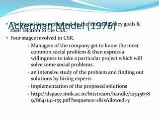 Ackerman Model (1976) The model has emphasized on the internal policy goals &
their relation to the CSR.
 Four stages involved in CSR.
 Managers of the company get to know the most
common social problem & then express a
willingness to take a particular project which will
solve some social problems.
 an intensive study of the problem and finding out
solutions by hiring experts
 implementation of the proposed solutions
 http://dspace.iimk.ac.in/bitstream/handle/12345678
9/864/141-155.pdf?sequence=1&isAllowed=y
 