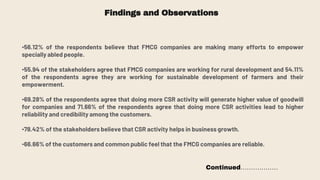 Findings and Observations
•56.12% of the respondents believe that FMCG companies are making many efforts to empower
specially abled people.
•55.94 of the stakeholders agree that FMCG companies are working for rural development and 54.11%
of the respondents agree they are working for sustainable development of farmers and their
empowerment.
•69.28% of the respondents agree that doing more CSR activity will generate higher value of goodwill
for companies and 71.66% of the respondents agree that doing more CSR activities lead to higher
reliability and credibility among the customers.
•78.42% of the stakeholders believe that CSR activity helps in business growth.
•66.66% of the customers and common public feel that the FMCG companies are reliable.
Continued………………
 