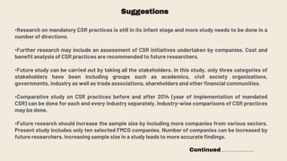 Suggestions
•Research on mandatory CSR practices is still in its infant stage and more study needs to be done in a
number of directions.
•Further research may include an assessment of CSR initiatives undertaken by companies. Cost and
benefit analysis of CSR practices are recommended to future researchers.
•Future study can be carried out by taking all the stakeholders. In this study, only three categories of
stakeholders have been including groups such as academics, civil society organizations,
governments, industry as well as trade associations, shareholders and other financial communities.
•Comparative study on CSR practices before and after 2014 (year of implementation of mandated
CSR) can be done for each and every industry separately. Industry-wise comparisons of CSR practices
may be done.
•Future research should increase the sample size by including more companies from various sectors.
Present study includes only ten selected FMCG companies. Number of companies can be increased by
future researchers. Increasing sample size in a study leads to more accurate findings.
Continued………………
 