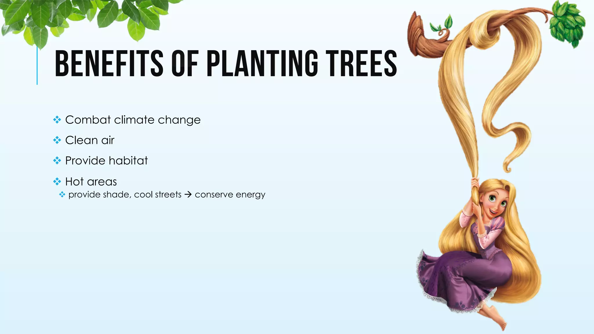 BENEFITS OF PLANTING TREES
v Combat climate change
v Clean air
v Provide habitat
v Hot areas
v provide shade, cool streets à conserve energy
 