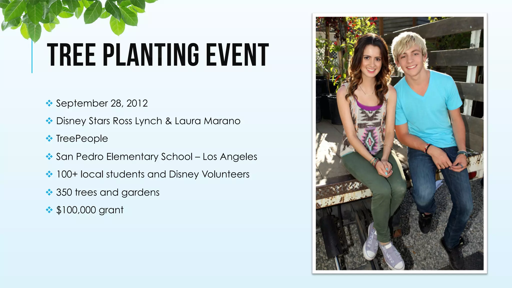 TREE PLANTING EVENT
v September 28, 2012
v Disney Stars Ross Lynch & Laura Marano
v TreePeople
v San Pedro Elementary School – Los Angeles
v 100+ local students and Disney Volunteers
v 350 trees and gardens
v $100,000 grant
 