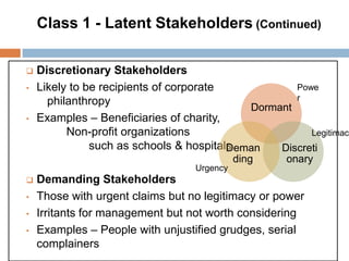 Class 1 - Latent Stakeholders (Continued)

•

•

Discretionary Stakeholders
Powe
Likely to be recipients of corporate
r
p...