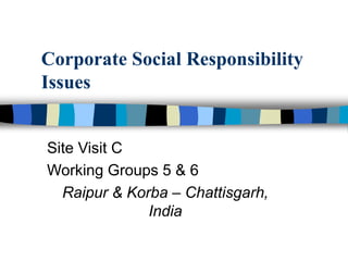 Corporate Social Responsibility
Issues
Site Visit C
Working Groups 5 & 6
Raipur & Korba – Chattisgarh,
India
 