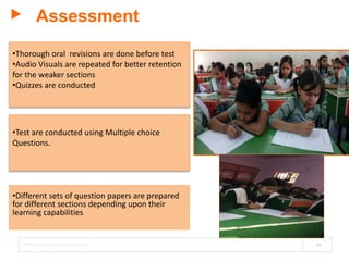 Assessment
COPYRIGHT 2016,NEWGEN SOFTWARE INC. 14
•Thorough oral revisions are done before test
•Audio Visuals are repeated for better retention
for the weaker sections
•Quizzes are conducted
•Test are conducted using Multiple choice
Questions.
•Different sets of question papers are prepared
for different sections depending upon their
learning capabilities
 