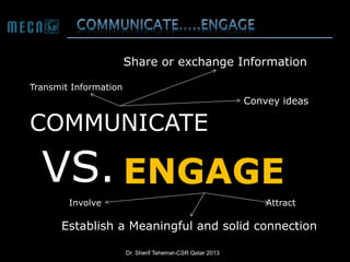 Share or exchange Information
Transmit Information

Convey ideas

COMMUNICATE

VS. ENGAGE
Involve

Attract

Establish a Meaningful and solid connection
Dr. Sherif Tehemar-CSR Qatar 2013

 
