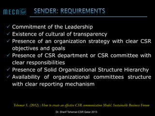  Commitment of the Leadership
 Existence of cultural of transparency
 Presence of an organization strategy with clear CSR
objectives and goals
 Presence of CSR department or CSR committee with
clear responsibilities
 Presence of Solid Organizational Structure Hierarchy
 Availability of organizational committees structure
with clear reporting mechanism

Tehemar S. (2012) : How to create an effective CSR communication Model. Sustainable Business Forum
Dr. Sherif Tehemar-CSR Qatar 2013

 