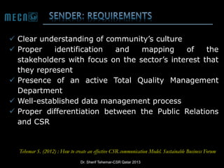  Clear understanding of community’s culture
 Proper
identification
and
mapping
of
the
stakeholders with focus on the sector’s interest that
they represent
 Presence of an active Total Quality Management
Department
 Well-established data management process
 Proper differentiation between the Public Relations
and CSR

Tehemar S. (2012) : How to create an effective CSR communication Model. Sustainable Business Forum
Dr. Sherif Tehemar-CSR Qatar 2013

 
