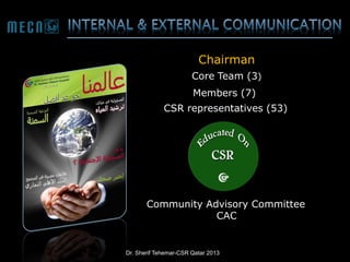 Chairman
Core Team (3)
Members (7)
CSR representatives (53)

Community Advisory Committee
CAC

Dr. Sherif Tehemar-CSR Qatar 2013

 