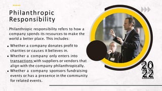 Philanthropic
20
22
Responsibility
Philanthropic responsibility refers to how a
company spends its resources to make the
world a better place. This includes:
Whether a company donates profit to
charities or causes it believes in.
Whether a company only enters into
transactions with suppliers or vendors that
align with the company philanthropically.
Whether a company sponsors fundraising
events or has a presence in the community
for related events.
 