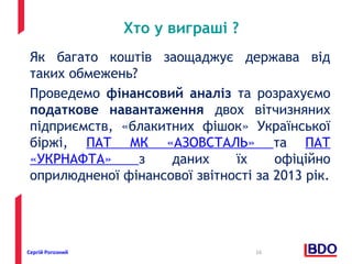 Хто у виграші ? 
Як багато коштів заощаджує держава від 
таких обмежень? 
Проведемо фінансовий аналіз та розрахуємо 
податкове навантаження двох вітчизняних 
підприємств, «блакитних фішок» Української 
біржі, ПАТ МК «АЗОВСТАЛЬ» та ПАТ 
«УКРНАФТА» з даних їх офіційно 
оприлюдненої фінансової звітності за 2013 рік. 
Сергій Рогозний 16 
 