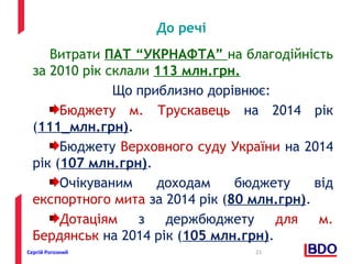 До речі 
Витрати ПАТ “УКРНАФТА” на благодійність 
за 2010 рік склали 113 млн.грн. 
Що приблизно дорівнює: 
Бюджету м. Трускавець на 2014 рік 
(111_млн.грн). 
Бюджету Верховного суду України на 2014 
рік (107 млн.грн). 
Очікуваним доходам бюджету від 
експортного мита за 2014 рік (80 млн.грн). 
Дотаціям з держбюджету для м. 
Бердянськ на 2014 рік (105 млн.грн). 
Сергій Рогозний 21 
 