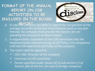 Cser Report Format COMPANY ( CORPORATE SOCIAL RESPONSIBILITY POLICY ) RULES 2014 | PPTX