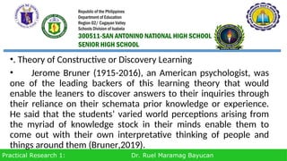 Practical Research 1: Dr. Ruel Maramag Bayucan
•. Theory of Constructive or Discovery Learning
• Jerome Bruner (1915-2016), an American psychologist, was
one of the leading backers of this learning theory that would
enable the leaners to discover answers to their inquiries through
their reliance on their schemata prior knowledge or experience.
He said that the students’ varied world perceptions arising from
the myriad of knowledge stock in their minds enable them to
come out with their own interpretative thinking of people and
things around them (Bruner,2019).
Republic of the Philippines
Department of Education
Region 02/ Cagayan Valley
Schools Division of Isabela
300511-SAN ANTONINO NATIONAL HIGH SCHOOL
SENIOR HIGH SCHOOL
 