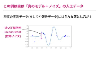 この例は実は「真のモデル＋ノイズ」の⼈⼯データ
近い正解例が
inconsistent
(教師ノイズ)
現実の実測データ(ましてや報告データ)には⾊々な落とし⽳が！
 