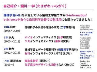 ⾃⼰紹介：瀧川 ⼀学 (たきがわ いちがく)
機械学習(ML)を研究している情報⼯学屋ですが X-informatics/
e-Scienceや⾊々な⾃然科学分野での利活⽤にも携わってきました！
7年 北⼤
(2012〜2018)
機械学習とデータ駆動科学 (情報科学研究科)
材料インフォマティクス (JSTさきがけ)
？年 理研/北⼤
(2019〜)
細胞⽣物学 (理研AIP)
化学反応のデザインと設計 (北⼤ICReDD)
Society 5.0
(2016)
DX推進ガイド
ライン (2018)
10年 北⼤
(1995〜2004)
情報科学の⼿法や理論の研究 (⼯学研究科)
ヒトゲノム計画
完了(2003)
Amazon(1994)
Google(1998)
2ちゃんねる(1999)
7年 京⼤
(2005〜2011)
バイオインフォマティクス (化学研究所)
ケモインフォマティクス (薬学研究科)
第4のパラダイム
(2009)
マテリアルゲノム
計画 (2011)
Facebook(2004)
YouTube(2005)
Twitter(2006)
iPhone(2007)
Android(2009)
Bitcoin(2009)
 