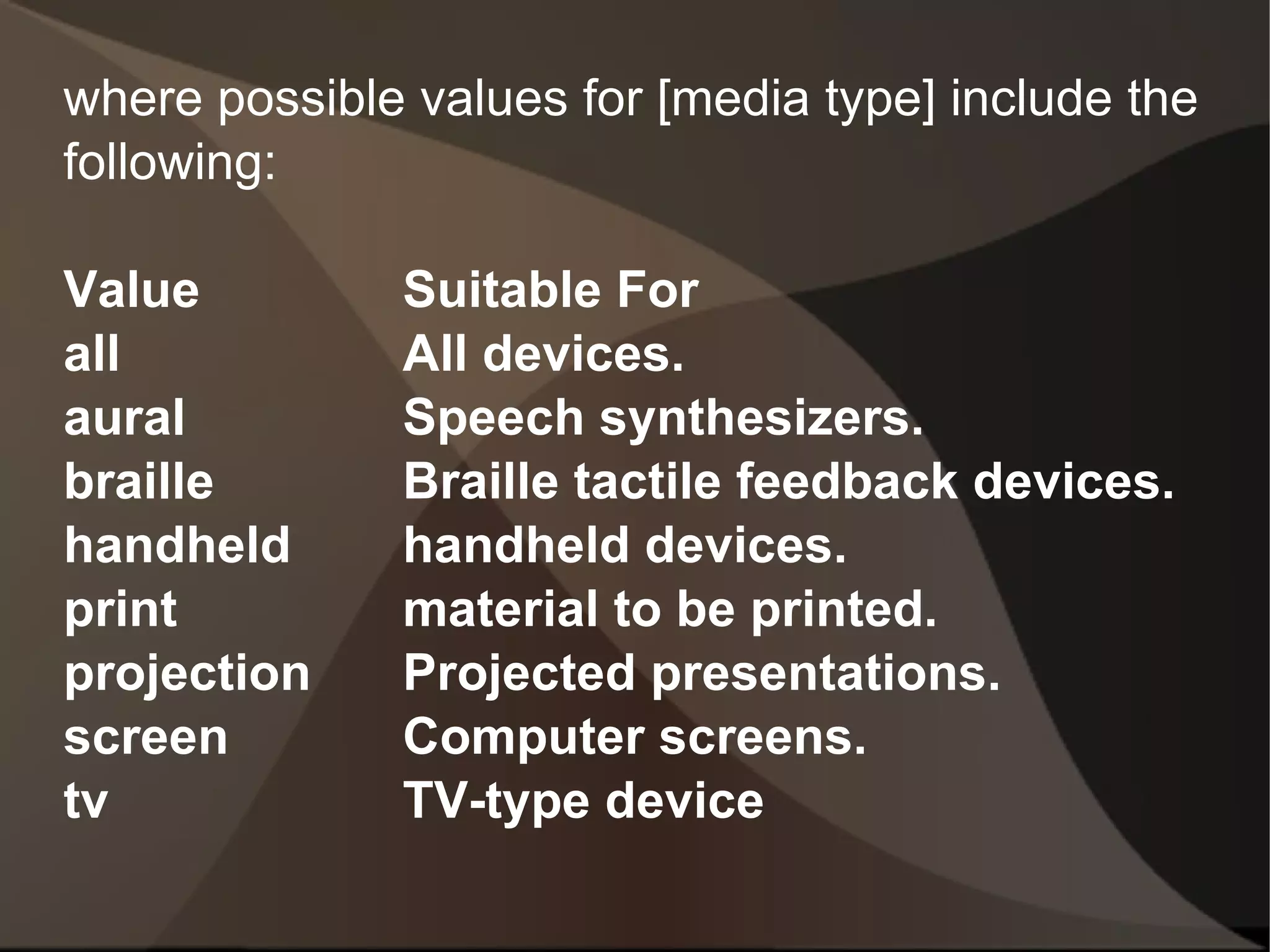 where possible values for [media type] include the following: Value Suitable For all All devices. aural Speech synthesizers. braille Braille tactile feedback devices. handheld handheld devices. print material to be printed. projection Projected presentations. screen Computer screens. tv TV-type device 