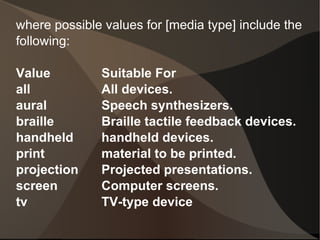 where possible values for [media type] include the following: Value Suitable For all All devices. aural Speech synthesizers. braille Braille tactile feedback devices. handheld handheld devices. print material to be printed. projection Projected presentations. screen Computer screens. tv TV-type device 