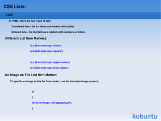 CSS Background: Background Color: body {background-color:#b0c4de;}  In the example below, the h1, p, and div elements have different background colors: The background color of a page is defined in the body selector: h1 {background-color:#6495ed;} p {background-color:#e0ffff;} div {background-color:#b0c4de;} Background Image: The background image for a page can be set like this: body {background-image:url('paper.gif');}  body { background-image:url('gradient2.png'); background-repeat:repeat-x; }  If the image is repeated only horizontally (repeat-x), the background will look better: 