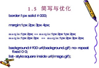 1.5  简写与优化 border:1px solid #000;  margin:1px 2px 3px 4px; margin :1px 2px; ==  margin :1px 2px 1px 2px; margin :1px 2px 3px  ==  margin :1px 2px 3px 2px; background:#f00 url(background.gif) no-repeat fixed 0 0; list-style:square inside url(image.gif); 