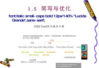 1.5  简写与优化 font:italic small-caps bold 12px/140% "Lucida Grande",sans-serif; 