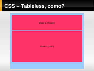 CSS – Tableless, como?


            Bloco 2 (Header)




             Bloco 3 (Main)
 