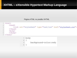XHTML – eXtensible Hypertext Markup Language




              Página HTML no pradão XHTML
 