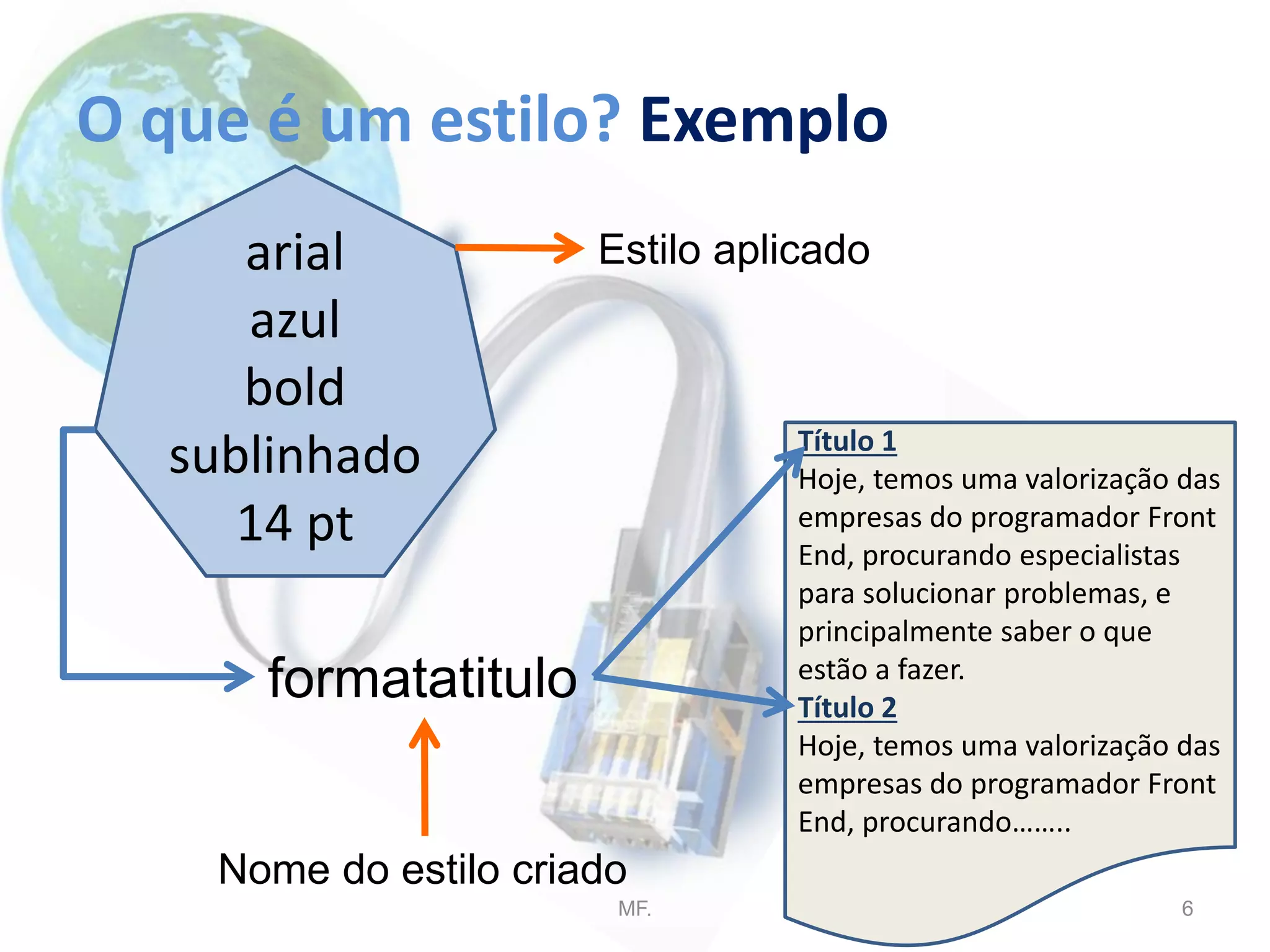 O que é um estilo? Exemplo
MF. 6
arial
azul
bold
sublinhado
14 pt
Título 1
Hoje, temos uma valorização das
empresas do programador Front
End, procurando especialistas
para solucionar problemas, e
principalmente saber o que
estão a fazer.
Título 2
Hoje, temos uma valorização das
empresas do programador Front
End, procurando……..
formatatitulo
Nome do estilo criado
Estilo aplicado
 