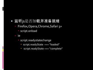 监听js是否加载并准备就绪Firefox,Opera,Chrome,Safari 3+script.onloadiescript.readystatechangescript.readyState  === “loaded”  script.readyState === “complete”