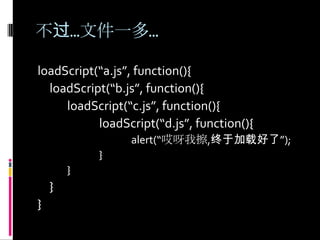 不过…文件一多…loadScript(“a.js”, function(){loadScript(“b.js”, function(){loadScript(“c.js”, function(){loadScript(“d.js”, function(){				alert(“哎呀我擦,终于加载好了”);			}		}	}}