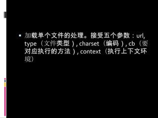 加载单个文件的处理。接受五个参数：url, type（文件类型）, charset（编码）, cb（要对应执行的方法）, context（执行上下文环境）