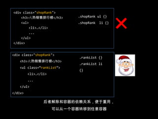 控制结构的class：处理用于展现目的的小元素（oocss中的b标签）的位置、浏览器bug和所有比较复杂的问题<div class="modsimpleExt">				    <b class="top">       <b class="tl"></b>       <b class="tr"></b>   </b>    <div class="inner">					        <div class="hd">						     <h3>simpleExt</h3>        </div>        <div class="bd">            <p>Body</p>        </div>    </div>    <b class="bottom">       <b class="bl"></b>       <b class="br"></b>   </b>			</div>控制皮肤的class：处理比较简单的问题，如color、border、background-image等等多个皮肤重用一种结构，使得复杂的结构可以重用，皮肤的修改工作变得很简单