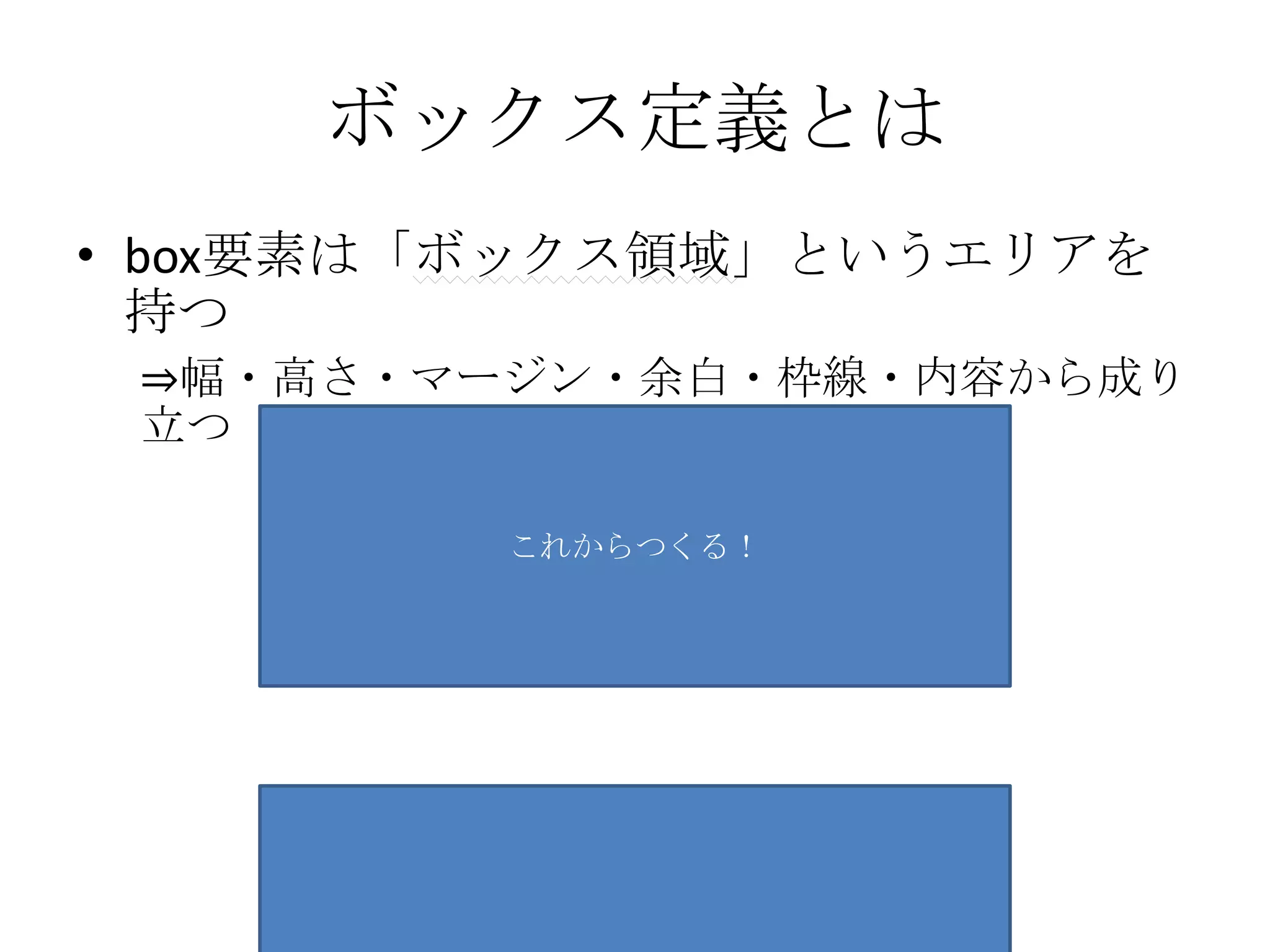 ボックス定義とは
• box要素は「ボックス領域」というエリアを
  持つ
 ⇒幅・高さ・マージン・余白・枠線・内容から成り
 立つ

         これからつくる！
 