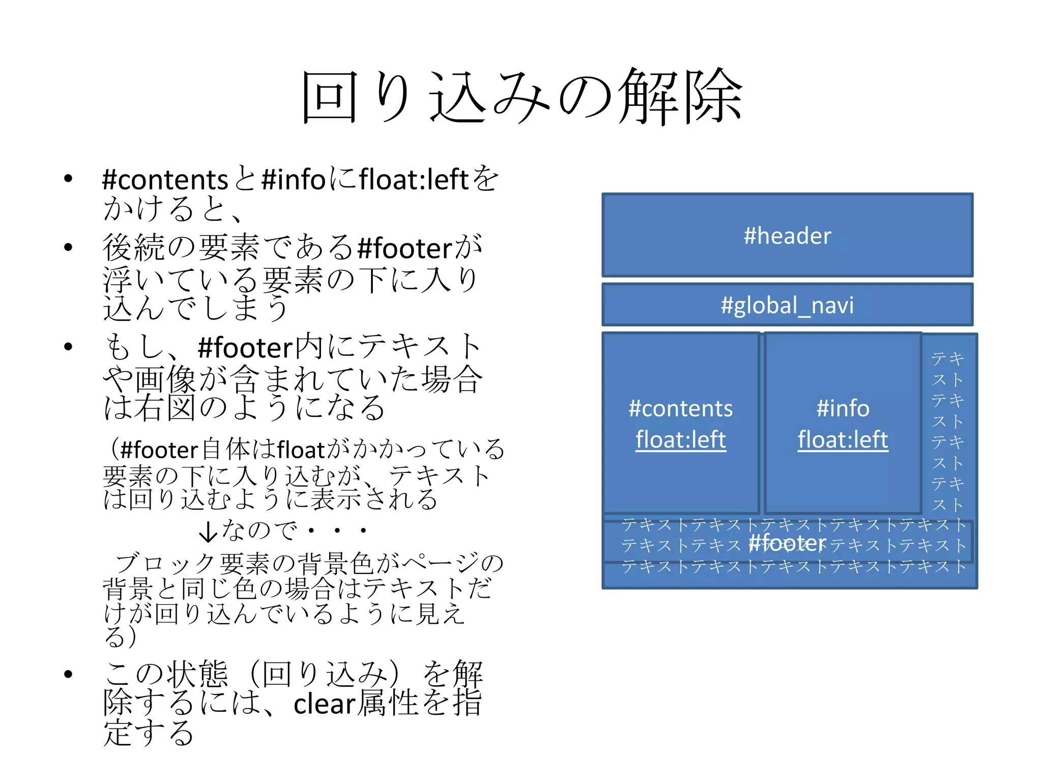 回り込みの解除
• #contentsと#infoにfloat:leftを
  かけると、
                                          #header
• 後続の要素である#footerが
  浮いている要素の下に入り
  込んでしまう                                #global_navi
• もし、#footer内にテキスト                                         テキ
  や画像が含まれていた場合                                             スト
  は右図のようになる                     #contents         #info    テキ
                                                           スト
  （#footer自体はfloatがかかっている        float:left     float:left テキ
                                                           スト
  要素の下に入り込むが、テキスト                                          テキ
  は回り込むように表示される                                            スト
          ↓なので・・・               テキストテキストテキストテキストテキスト
                                            #footer
                                テキストテキストテキストテキストテキスト
   ブロック要素の背景色がページの              テキストテキストテキストテキストテキスト
  背景と同じ色の場合はテキストだ
  けが回り込んでいるように見え
  る）
• この状態（回り込み）を解
  除するには、clear属性を指
  定する
 