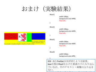 おまけ（実験結果）
    #box1{
             width:180px;
             background-color:#f00;
             float:left;
    }

    #box2{
             width:180px;
             background-color:#0f0;
             float:left;
    }

    #box3{
             width:180px;
             background-color:#00f;
             float:left;
    }

    #box4{
             width:540px;
             background-color:#ff0;
    }
    IE8・9とFirefoxはほぼ同じような結果。
    box自体はfloatをかけた要素の下に入り込ん
    でいるが、中のテキスト・画像は入り込ま
    ない。
 