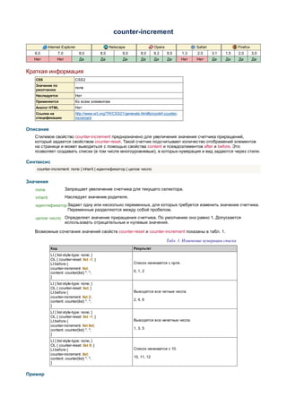 counter-increment

             Internet Explorer                       Netscape                 Opera                  Safari                 Firefox
   6.0              7.0          8.0           8.0         9.0       8.0      9.2     9.5    1.3     2.0      3.1   1.5     2.0       3.0
   Нет            Нет            Да            Да          Да        Да       Да      Да     Нет     Нет      Да    Да      Да        Да


Краткая информация
   CSS                         CSS2
   Значение по
                               none
   умолчанию
   Наследуется                 Нет
   Применяется                 Ко всем элементам
   Аналог HTML                 Нет
   Ссылка на                   http://www.w3.org/TR/CSS21/generate.html#propdef-counter-
   спецификацию                increment


Описание
   Стилевое свойство counter-increment предназначено для увеличения значения счетчика приращений,
   который задается свойством counter-reset. Такой счетчик подсчитывает количество отображений элементов
   на странице и может выводиться с помощью свойства content и псевдоэлементов after и before. Это
   позволяет создавать списки (в том числе многоуровневые), в которых нумерация и вид задаются через стили.

Синтаксис
    counter-increment: none | inherit | идентификатор | целое число


Значения
   none                   Запрещает увеличение счетчика для текущего селектора.
   inherit                Наследует значение родителя.
   идентификатор Задает одну или несколько переменных, для которых требуется изменить значение счетчика.
                 Переменные разделяются между собой пробелом.
   целое число Определяет значение приращения счетчика. По умолчанию оно равно 1. Допускается
               использовать отрицательные и нулевые значения.

   Возможные сочетания значений свойств counter-reset и counter-increment показаны в табл. 1.

                                                                                      Табл. 1. Изменение нумерации списка
              Код                                                Результат
              LI { list-style-type: none; }
              OL { counter-reset: list -1; }
              LI:before {                                        Список начинается с нуля.
              counter-increment: list;
              content: counter(list) ". ";                       0, 1, 2
              }
              LI { list-style-type: none; }
              OL { counter-reset: list; }
              LI:before {                                        Выводятся все четные числа.
              counter-increment: list 2;
              content: counter(list) ". ";                       2, 4, 6
              }
              LI { list-style-type: none; }
              OL { counter-reset: list -1; }
              LI:before {                                        Выводятся все нечетные числа.
              counter-increment: list list;
              content: counter(list) ". ";                       1, 3, 5
              }
              LI { list-style-type: none; }
              OL { counter-reset: list 9; }
              LI:before {                                        Список начинается с 10.
              counter-increment: list;
              content: counter(list) ". ";                       10, 11, 12
              }


Пример
 