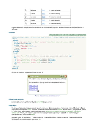 se-resize       ТЕСТ       P {cursor:se-resize}

                              s-resize        ТЕСТ       P {cursor:s-resize}

                              sw-resize       ТЕСТ       P {cursor:sw-resize}

                              w-resize        ТЕСТ       P {cursor:w-resize}

                              nw-resize       ТЕСТ       P {cursor:nw-resize}


   В зависимости от операционной системы и ее настроек вид курсора может отличаться от приведенных в
   таблице.

Пример
                                                          HTML 4.01 CSS 2.1 IE 6 IE 7 IE 8 Op 9.5 Sa 3.1 Ff 2.0 Ff 3.0

   <!DOCTYPE HTML PUBLIC "-//W3C//DTD HTML 4.01//EN" "http://www.w3.org/TR/html4/strict.dtd">
   <html>
    <head>
     <meta http-equiv="Content-Type" content="text/html; charset=windows-1251">
     <title>cursor</title>
     <style type="text/css">
      .cross { cursor: crosshair; }
      .help { cursor: help; }
     </style>
    </head>
    <body>

      <p class="cross">На этом тексте курсор мыши примет вид перекрестья.</p>
      <p>
       <a href="help1.htm" class="help">СПРАВКА 1</a><br>
       <a href="help2.htm" class="help">СПРАВКА 2</a><br>
       <a href="help3.htm" class="help">СПРАВКА 3</a>
      </p>

    </body>
   </html>


   Результат данного примера показан ни рис. 1.




                                     Рис. 1. Применение свойства cursor

Объектная модель
   [window.]document.getElementById("elementID").style.cursor

Браузеры
   Некоторые браузеры поддерживают дополнительные формы курсоров. Например, Internet Explorer и Opera
   работает со значением hand, которое является аналогом значения pointer. Кроме того, в браузерах IE, Safari
   и Firefox будут действовать следующие значения: all-scroll, col-resize, no-drop, not-allowed, row-resize,
   vertical-text. Учтите, что указанные значения не входят в спецификацию CSS2.1, но соответствуют
   спецификации CSS3 (кроме hand).

   Браузер Safari до версии 3.1, Opera до версии 9.6 включительно, Firefox до версии 3.0 включительно и
   Netscape 9 не поддерживают значение url.
 