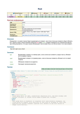 float

              Internet Explorer                            Netscape                    Opera               Safari               Firefox
    6.0                   7.0              8.0       8.0           9.0        8.0     9.2      9.5   1.3   2.0      3.1   1.5   2.0       3.0
  Ошибки              Частично             Да        Да            Да         Да       Да      Да    Да    Да       Да    Да    Да        Да


Краткая информация
   CSS                            CSS1
   Значение по
                                  none
   умолчанию
   Наследуется                    Нет
                                  Ко всем элементам (за исключением
   Применяется
                                  позиционированных)
                                  <applet | iframe | img | object | spacer | table align="right |
   Аналог HTML
                                  left">
   Ссылка на
                                  http://www.w3.org/TR/CSS21/visuren.html#propdef-float
   спецификацию


Описание
   Определяет, по какой стороне будет выравниваться элемент, при этом остальные элементы будут обтекать
   его с других сторон. Когда значение свойства float равно none, элемент выводится на странице как обычно,
   при этом допускается, что одна строка обтекающего текста может быть на той же линии, что и сам элемент.

Синтаксис
    float: left | right | none | inherit


Значения
   left                Выравнивает элемент по левому краю, а все остальные элементы, вроде текста, обтекают
                       его по правой стороне.
   right               Выравнивает элемент по правому краю, а все остальные элементы обтекают его по левой
                       стороне.
   none                Обтекание элемента не задается.
   inherit             Наследует значение родителя.

Пример
                                                                               HTML 4.01 CSS 2.1 IE 6 IE 7 IE 8 Op 9.5 Sa 3.1 Ff 2.0 Ff 3.0

    <!DOCTYPE HTML PUBLIC "-//W3C//DTD HTML 4.01//EN" "http://www.w3.org/TR/html4/strict.dtd">
    <html>
     <head>
      <meta http-equiv="Content-Type" content="text/html; charset=windows-1251">
      <title>float</title>
      <style type="text/css">
       .layer1 {
         float: left; /* Обтекание по правому краю */
         background: #fd0; /* Цвет фона */
         border: 1px solid black; /* Параметры рамки */
         padding: 10px; /* Поля вокруг текста */
         margin-right: 20px; /* Отступ справа */
         width: 40%; /* Ширина блока */
       }
      </style>
     </head>
     <body>

          <div class="layer1">
           Lorem ipsum dolor sit amet, consectetuer adipiscing elit, sed diem nonummy nibh
           euismod tincidunt ut lacreet dolore magna aliguam erat volutpat.
          </div>
          <div>
           Duis autem dolor in hendrerit in vulputate velit esse molestie consequat, vel
           illum dolore eu feugiat nulla facilisis at vero eros et accumsan et iusto odio
           dignissim qui blandit praesent luptatum zzril delenit au gue duis dolore te
           feugat nulla facilisi.
 
