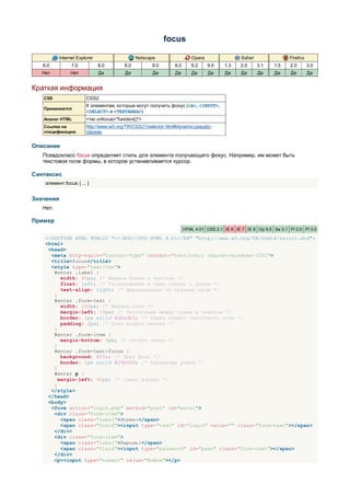 focus

           Internet Explorer                    Netscape                Opera                  Safari                Firefox
   6.0           7.0           8.0        8.0         9.0      8.0      9.2     9.5    1.3    2.0       3.1   1.5    2.0       3.0
   Нет          Нет            Да         Да          Да       Да       Да      Да     Да      Да       Да    Да     Да        Да


Краткая информация
   CSS                  CSS2
                        К элементам, которые могут получить фокус (<A>, <INPUT>,
   Применяется
                        <SELECT> и <TEXTAREA>)
   Аналог HTML          <тег onfocus="function()">
   Ссылка на            http://www.w3.org/TR/CSS21/selector.html#dynamic-pseudo-
   спецификацию         classes


Описание
   Псевдокласс focus определяет стиль для элемента получающего фокус. Например, им может быть
   текстовое поле формы, в которое устанавливается курсор.

Синтаксис
    элемент:focus { ... }


Значения
   Нет.

Пример
                                                                     HTML 4.01 CSS 2.1 IE 6 IE 7 IE 8 Op 9.5 Sa 3.1 Ff 2.0 Ff 3.0

    <!DOCTYPE HTML PUBLIC "-//W3C//DTD HTML 4.01//EN" "http://www.w3.org/TR/html4/strict.dtd">
    <html>
     <head>
      <meta http-equiv="Content-Type" content="text/html; charset=windows-1251">
      <title>focus</title>
      <style type="text/css">
       #enter .label {
          width: 80px; /* Ширина блока с текстом */
          float: left; /* Расположение в одну строку с полем */
          text-align: right; /* Выравнивание по правому краю */
       }
       #enter .form-text {
          width: 240px; /* Ширина поля */
          margin-left: 10px; /* Расстояние между полем и текстом */
          border: 1px solid #abadb3; /* Рамка вокруг текстового поля */
          padding: 2px; /* Поля вокруг текста */
       }
       #enter .form-item {
          margin-bottom: 5px; /* Отступ снизу */
       }
       #enter .form-text:focus {
          background: #ffe; /* Цвет фона */
          border: 1px solid #29B0D9; /* Параметры рамки */
       }
       #enter p {
         margin-left: 90px; /* Сдвиг вправо */
       }
      </style>
     </head>
     <body>
      <form action="login.php" method="post" id="enter">
       <div class="form-item">
          <span class="label">Логин:</span>
          <span class="field"><input type="text" id="login" value="" class="form-text"></span>
       </div>
       <div class="form-item">
          <span class="label">Пароль:</span>
          <span class="field"><input type="password" id="pass" class="form-text"></span>
       </div>
       <p><input type="submit" value="Войти"></p>
 