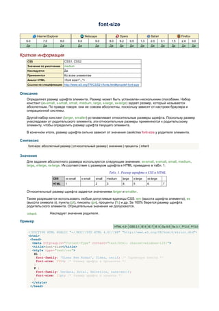 font-size

             Internet Explorer                          Netscape                    Opera                      Safari               Firefox
   6.0           7.0             8.0              8.0          9.0         8.0      9.2       9.5    1.3       2.0      3.1   1.5   2.0       3.0
   Да             Да             Да               Да           Да          Да       Да        Да     Да        Да       Да    Да    Да        Да


Краткая информация
   CSS                                 CSS1, CSS2
   Значение по умолчанию               medium
   Наследуется                         Да
   Применяется                         Ко всем элементам
   Аналог HTML                         <font size="...">
   Ссылка на спецификацию http://www.w3.org/TR/CSS21/fonts.html#propdef-font-size


Описание
   Определяет размер шрифта элемента. Размер может быть установлен несколькими способами. Набор
   констант (xx-small, x-small, small, medium, large, x-large, xx-large) задает размер, который называется
   абсолютным. По правде говоря, они не совсем абсолютны, поскольку зависят от настроек браузера и
   операционной системы.

   Другой набор констант (larger, smaller) устанавливает относительные размеры шрифта. Поскольку размер
   унаследован от родительского элемента, эти относительные размеры применяются к родительскому
   элементу, чтобы определить размер шрифта текущего элемента.

   В конечном итоге, размер шрифта сильно зависит от значения свойства font-size у родителя элемента.

Синтаксис
    font-size: абсолютный размер | относительный размер | значение | проценты | inherit


Значения
   Для задания абсолютного размера используются следующие значения: xx-small, x-small, small, medium,
   large, x-large, xx-large. Их соответствие с размером шрифта в HTML приведено в табл. 1.

                                                                           Табл. 1. Размер шрифта в CSS и HTML
                         CSS           xx-small      x-small   small   medium         large     x-large    xx-large
                         HTML          1                       2       3              4         5          6             7

   Относительный размер шрифта задается значениями larger и smaller.

   Также разрешается использовать любые допустимые единицы CSS: em (высота шрифта элемента), ex
   (высота символа х), пункты (pt), пикселы (px), проценты (%) и др. За 100% берется размер шрифта
   родительского элемента. Отрицательные значения не допускаются.

   inherit             Наследует значение родителя.

Пример
                                                                                 HTML 4.01 CSS 2.1 IE 6 IE 7 IE 8 Op 9.5 Sa 3.1 Ff 2.0 Ff 3.0

    <!DOCTYPE HTML PUBLIC "-//W3C//DTD HTML 4.01//EN" "http://www.w3.org/TR/html4/strict.dtd">
    <html>
     <head>
      <meta http-equiv="Content-Type" content="text/html; charset=windows-1251">
      <title>font-size</title>
      <style type="text/css">
       H1 {
         font-family: 'Times New Roman', Times, serif; /* Гарнитура текста */
         font-size: 250%; /* Размер шрифта в процентах */
       }
       P {
         font-family: Verdana, Arial, Helvetica, sans-serif;
         font-size: 11pt; /* Размер шрифта в пунктах */
       }
      </style>
     </head>
 