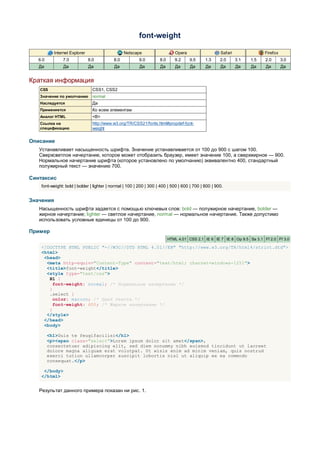 font-weight

           Internet Explorer                     Netscape                     Opera                   Safari               Firefox
   6.0         7.0             8.0         8.0           9.0         8.0      9.2     9.5     1.3     2.0      3.1   1.5   2.0       3.0
   Да           Да             Да           Да            Да         Да       Да      Да      Да      Да       Да    Да    Да        Да


Краткая информация
   CSS                           CSS1, CSS2
   Значение по умолчанию         normal
   Наследуется                   Да
   Применяется                   Ко всем элементам
   Аналог HTML                   <B>
   Ссылка на                     http://www.w3.org/TR/CSS21/fonts.html#propdef-font-
   спецификацию                  weight


Описание
   Устанавливает насыщенность шрифта. Значение устанавливается от 100 до 900 с шагом 100.
   Сверхсветлое начертание, которое может отобразить браузер, имеет значение 100, а сверхжирное — 900.
   Нормальное начертание шрифта (которое установлено по умолчанию) эквивалентно 400, стандартный
   полужирный текст — значению 700.

Синтаксис
    font-weight: bold | bolder | lighter | normal | 100 | 200 | 300 | 400 | 500 | 600 | 700 | 800 | 900.


Значения
   Насыщенность шрифта задается с помощью ключевых слов: bold — полужирное начертание, bolder —
   жирное начертание; lighter — светлое начертание, normal — нормальное начертание. Также допустимо
   использовать условные единицы от 100 до 900.

Пример
                                                                           HTML 4.01 CSS 2.1 IE 6 IE 7 IE 8 Op 9.5 Sa 3.1 Ff 2.0 Ff 3.0

    <!DOCTYPE HTML PUBLIC "-//W3C//DTD HTML 4.01//EN" "http://www.w3.org/TR/html4/strict.dtd">
    <html>
     <head>
      <meta http-equiv="Content-Type" content="text/html; charset=windows-1251">
      <title>font-weight</title>
      <style type="text/css">
       H1 {
         font-weight: normal; /* Нормальное начертание */
       }
       .select {
         color: maroon; /* Цвет текста */
         font-weight: 600; /* Жирное начертание */
       }
      </style>
     </head>
     <body>

         <h1>Duis te feugifacilisi</h1>
         <p><span class="select">Lorem ipsum dolor sit amet</span>,
         consectetuer adipiscing elit, sed diem nonummy nibh euismod tincidunt ut lacreet
         dolore magna aliguam erat volutpat. Ut wisis enim ad minim veniam, quis nostrud
         exerci tution ullamcorper suscipit lobortis nisl ut aliquip ex ea commodo
         consequat.</p>

     </body>
    </html>


   Результат данного примера показан ни рис. 1.
 