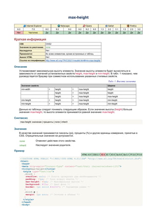 max-height

              Internet Explorer                        Netscape                 Opera                  Safari                Firefox
  6.0                 7.0           8.0       8.0            9.0       8.0      9.2     9.5    1.3    2.0       3.1   1.5    2.0       3.0
 Нет            Частично            Да         Да            Да        Да       Да      Да     Да      Да       Да    Да     Да        Да


Краткая информация
    CSS                             CSS2
    Значение по умолчанию           none
    Наследуется                     Нет
    Применяется                     Ко всем элементам, кроме встроенных и таблиц
    Аналог HTML                     Нет
    Ссылка на спецификацию http://www.w3.org/TR/CSS21/visudet.html#min-max-heights


Описание
   Устанавливает максимальную высоту элемента. Значение высоты элемента будет вычисляться в
   зависимости от значений установленных свойств height, max-height и min-height. В табл. 1 показано, чем
   руководствуется браузер при совместном использовании указанных стилевых свойств.

                                                                                                       Табл. 1. Высота элемента
         Значения свойств                                                                             Ширина
         min-width                        <   height               <   max-height                     height
                                              height               <   max-height                     height
                                              height               >   max-height                     max-height
         min-height                       >   height               >   max-height                     min-height
         min-height                       >   height               <   max-height                     min-height

   Данные из таблицы следует понимать следующим образом. Если значение высоты (height) больше
   значения max-height, то высота элемента принимается равной значению max-height.

Синтаксис
        max-height: значение | проценты | none | inherit


Значения
   В качестве значений принимаются пикселы (px), проценты (%) и другие единицы измерения, принятые в
   CSS. Отрицательные значения не допускаются.

    none                    Отменяет действие этого свойства.
    inherit                 Наследует значение родителя.

Пример
                                                                             HTML 4.01 CSS 2.1 IE 6 IE 7 IE 8 Op 9.5 Sa 3.1 Ff 2.0 Ff 3.0

        <!DOCTYPE HTML PUBLIC "-//W3C//DTD HTML 4.01//EN" "http://www.w3.org/TR/html4/strict.dtd">
        <html>
         <head>
         <meta http-equiv="Content-Type" content="text/html; charset=windows-1251">
         <title>max-height</title>
          <style type="text/css">
           .block {
             overflow: auto; /* Полоса прокрутки при необходимости */
             padding: 10px; /* Поля вокруг текста */
             max-height: 80px; /* Максимальная высота */
             background: #ffe; /* Цвет фона */
             border: 1px solid #cb2027; /* Параметры рамки */
           }
           .block p {
             margin: 2px auto; /* Отступы в абзаце */
           }
          </style>
         </head>
         <body>
 