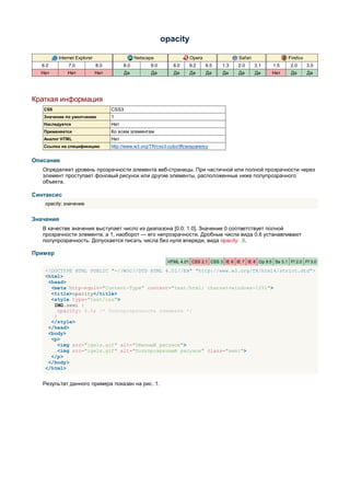 opacity

         Internet Explorer                     Netscape                Opera                Safari                Firefox
   6.0        7.0            8.0         8.0         9.0       8.0     9.2     9.5   1.3    2.0      3.1   1.5     2.0      3.0
  Нет        Нет             Нет          Да         Да        Да      Да      Да    Да     Да       Да    Нет     Да       Да




Краткая информация
   CSS                             CSS3
   Значение по умолчанию           1
   Наследуется                     Нет
   Применяется                     Ко всем элементам
   Аналог HTML                     Нет
   Ссылка на спецификацию          http://www.w3.org/TR/css3-color/#transparency


Описание
   Определяет уровень прозрачности элемента веб-страницы. При частичной или полной прозрачности через
   элемент проступает фоновый рисунок или другие элементы, расположенные ниже полупрозрачного
   объекта.

Синтаксис
    opacity: значение


Значения
   В качестве значения выступает число из диапазона [0.0; 1.0]. Значение 0 соответствует полной
   прозрачности элемента, а 1, наоборот — его непрозрачности. Дробные числа вида 0.6 устанавливают
   полупрозрачность. Допускается писать числа без нуля впереди, вида opacity: .6.

Пример
                                                             HTML 4.01 CSS 2.1 CSS 3 IE 6 IE 7 IE 8 Op 9.5 Sa 3.1 Ff 2.0 Ff 3.0

    <!DOCTYPE HTML PUBLIC "-//W3C//DTD HTML 4.01//EN" "http://www.w3.org/TR/html4/strict.dtd">
    <html>
     <head>
      <meta http-equiv="Content-Type" content="text/html; charset=windows-1251">
      <title>opacity</title>
      <style type="text/css">
       IMG.semi {
        opacity: 0.5; /* Полупрозрачность элемента */
       }
      </style>
     </head>
     <body>
      <p>
         <img src="igels.gif" alt="Обычный рисунок">
         <img src="igels.gif" alt="Полупрозрачный рисунок" class="semi">
      </p>
     </body>
    </html>


   Результат данного примера показан на рис. 1.
 