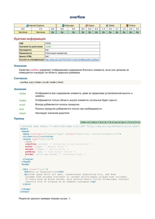 overflow

              Internet Explorer                            Netscape           Opera                Safari               Firefox
     6.0                  7.0               8.0      8.0         9.0   8.0    9.2     9.5   1.3    2.0      3.1   1.5   2.0       3.0
  Частично             Частично             Да       Да          Да    Да     Да      Да    Да     Да       Да    Да    Да        Да


Краткая информация
   CSS                            CSS2
   Значение по умолчанию          visible
   Наследуется                    Нет
   Применяется                    К блочным элементам
   Аналог HTML                    Нет
   Ссылка на спецификацию http://www.w3.org/TR/CSS21/visufx.html#propdef-overflow


Описание
   Свойство overflow управляет отображением содержания блочного элемента, если оно целиком не
   помещается и выходит за область заданных размеров.

Синтаксис
    overflow: auto | hidden | scroll | visible | inherit


Значения
   visible            Отображается все содержание элемента, даже за пределами установленной высоты и
                      ширины.
   hidden             Отображается только область внутри элемента, остальное будет скрыто.
   scroll             Всегда добавляются полосы прокрутки.
   auto               Полосы прокрутки добавляются только при необходимости.
   inherit            Наследует значение родителя.

Пример
                                                                       HTML 4.01 CSS 2.1 IE 6 IE 7 IE 8 Op 9.5 Sa 3.1 Ff 2.0 Ff 3.0

    <!DOCTYPE HTML PUBLIC "-//W3C//DTD HTML 4.01//EN" "http://www.w3.org/TR/html4/strict.dtd">
    <html>
     <head>
      <meta http-equiv="Content-Type" content="text/html; charset=windows-1251">
      <title>overflow</title>
      <style type="text/css">
       .layer {
         overflow: scroll; /* Добавляем полосы прокрутки */
         width: 300px; /* Ширина блока */
         height: 150px; /* Высота блока */
         padding: 5px; /* Поля вокруг текста */
         border: solid 1px black; /* Параметры рамки */
       }
      </style>
     </head>
     <body>

       <div class="layer">
        <h2>Duis te feugifacilisi</h2>
        <p>Lorem ipsum dolor sit amet, consectetuer adipiscing elit, sed diem
         nonummy nibh euismod tincidunt ut lacreet dolore magna aliguam erat volutpat.
         Ut wisis enim ad minim veniam, quis nostrud exerci tution ullamcorper suscipit
         lobortis nisl ut aliquip ex ea commodo consequat.</p>
       </div>

     </body>
    </html>


   Результат данного примера показан на рис. 1.
 