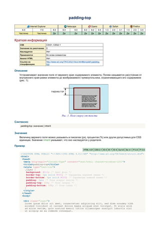 padding-top

             Internet Explorer                        Netscape              Opera                Safari               Firefox
     6.0                7.0            8.0      8.0         9.0      8.0    9.2     9.5   1.3    2.0      3.1   1.5   2.0       3.0
  Частично          Частично           Да        Да         Да       Да     Да      Да    Да     Да       Да    Да    Да        Да


Краткая информация
   CSS                           CSS1, CSS2.1
   Значение по умолчанию         0
   Наследуется                   Нет
   Применяется                   Ко всем элементам
   Аналог HTML                   Нет
   Ссылка на                     http://www.w3.org/TR/CSS21/box.html#propdef-padding-
   спецификацию                  top


Описание
   Устанавливает значение поля от верхнего края содержимого элемента. Полем называется расстояние от
   внутреннего края рамки элемента до воображаемого прямоугольника, ограничивающего его содержимое
   (рис. 1).




                                                Рис. 1. Поле сверху от текста

Синтаксис
    padding-top: значение | inherit


Значения
   Величину верхнего поля можно указывать в пикселах (px), процентах (%) или других допустимых для CSS
   единицах. Значение inherit указывает, что оно наследуется у родителя.

Пример
                                                                     HTML 4.01 CSS 2.1 IE 6 IE 7 IE 8 Op 9.5 Sa 3.1 Ff 2.0 Ff 3.0

    <!DOCTYPE HTML PUBLIC "-//W3C//DTD HTML 4.01//EN" "http://www.w3.org/TR/html4/strict.dtd">
    <html>
     <head>
      <meta http-equiv="Content-Type" content="text/html; charset=windows-1251">
      <title>padding-top</title>
      <style type="text/css">
       .layer {
         background: #fc3; /* Цвет фона */
         border-top: 5px solid #000; /* Параметры верхней линии */
         border-bottom: 5px solid #000; /* Параметры нижней линии */
         padding: 5px; /* Поля вокруг текста */
         padding-top: 10%; /* Поле сверху */
         padding-bottom: 10%; /* Поле снизу */
       }
      </style>
     </head>
     <body>

      <div class="layer">
       Lorem ipsum dolor sit amet, consectetuer adipiscing elit, sed diem nonummy nibh
       euismod tincidunt ut lacreet dolore magna aliguam erat volutpat. Ut wisis enim
       ad minim veniam, quis nostrud exerci tution ullamcorper suscipit lobortis nisl
       ut aliquip ex ea commodo consequat.
 