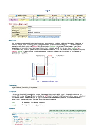 right

             Internet Explorer                       Netscape               Opera               Safari               Firefox
    6.0                7.0          8.0       8.0           9.0     8.0    9.2      9.5   1.3   2.0      3.1   1.5   2.0       3.0
  Ошибки           Частично            Да     Да            Да      Да      Да      Да    Да    Да       Да    Да    Да        Да


Краткая информация
   CSS                           CSS2
   Значение по умолчанию         auto
   Наследуется                   Нет
   Применяется                   Ко всем элементам
   Аналог HTML                   Нет
   Ссылка на спецификацию        http://www.w3.org/TR/CSS21/visuren.html#propdef-right


Описание
   Для позиционированного элемента определяет расстояние от правого края родительского элемента, не
   включая отступ, поле и ширину рамки, до правого края дочернего элемента (рис. 1). Отсчет координат
   зависит от значения свойства position. Если оно равно absolute, в качестве родителя выступает окно
   браузера и положение элемента определяется от его правого края. В случае значения relative, right
   отсчитывается от правого края исходного положения элемента. Если для родительского элемента задано
   position: relative, то абсолютное позиционирование дочерних элементов определяет их положение от
   правого края родителя.




                                                  Рис. 1. Значение свойства right

Синтаксис
    right: значение | проценты | auto | inherit


Значения
   В качестве значений принимаются любые единицы длины, принятые в CSS — например, пикселы (px),
   дюймы (in), пункты (pt) и др. Значение свойства right может быть и отрицательным, в этом случае возможны
   наложения разных элементов друг на друга. При задании значения в процентах, положение элемента
   вычисляется в зависимости от ширины родительского элемента.

   auto             Не изменяет положение элемента.
   inherit          Наследует значение родителя.

Пример
                                                                     HTML 4.01 CSS 2.1 IE 6 IE 7 IE 8 Op 9.5 Sa 3.1 Ff 2.0 Ff 3.0

    <!DOCTYPE HTML PUBLIC "-//W3C//DTD HTML 4.01//EN" "http://www.w3.org/TR/html4/strict.dtd">
    <html>
     <head>
      <meta http-equiv="Content-Type" content="text/html; charset=windows-1251">
      <title>right</title>
      <style type="text/css">
       #leftcol {
        position: absolute; /* Абсолютное позиционирование */
 