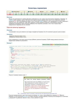 Селекторы параметров

            Internet Explorer                      Netscape           Opera                      Safari                   Firefox
    6.0           7.0           8.0         8.0           9.0   8.0   9.2       9.5      1.3     2.0      3.1     1.5     2.0       3.0
   Нет            Да            Да          Да            Да    Да    Да        Да       Да      Да       Да      Да      Да        Да


Описание
   Многие теги различаются по своему действию в зависимости от того, какие в них используются параметры. Например, тег
   <INPUT> может создавать кнопку, текстовое поле и другие элементы формы всего лишь за счет изменения значение
   параметра type. При этом добавление правил стиля к селектору INPUT применит стиль одновременно ко всем созданным с
   помощью этого тега элементам. Чтобы гибко управлять стилем подобных элементов, в CSS введены селекторы
   параметров (называемые также селекторы атрибутов). Они позволяют установить стиль тега по присутствию
   определенного параметра или его значения.

Простой селектор параметра
Описание
   Устанавливает стиль для элемента, если задан специфичный параметр тега. Его значение в данном случае не важно.

Синтаксис
    [параметр] { Описание правил стиля }
    E[параметр] { Описание правил стиля }

   Стиль применяется к тем тегам, внутри которых добавлен указанный параметр. Пробел между именем селектора и
   квадратными скобками не допускается.

Пример 1
                                                                            HTML 4.01 CSS 2.1 IE 6 IE 7 IE 8 Op 9.5 Sa 3.1 Ff 2.0 Ff 3.0

    <!DOCTYPE HTML PUBLIC "-//W3C//DTD HTML 4.01//EN" "http://www.w3.org/TR/html4/strict.dtd">
    <html>
      <head>
      <meta http-equiv="Content-Type" content="text/html; charset=windows-1251">
      <title>Селекторы параметров</title>
      <style type="text/css">
       Q {
         font-style: italic; /* Курсивное начертание */
         quotes: "00AB" "00BB"; /* Меняем вид кавычек в цитате */
       }
       Q[title] {
         color: maroon; /* Цвет текста */
       }
      </style>
     </head>
     <body>

      <p>Продолжая известный закон Мерфи, который гласит: <q>Если неприятность
       может случиться, то она обязательно случится</q>, можем ввести свое наблюдение:
      <q title="Из законов Фергюссона-Мержевича">После того, как веб-страница
       будет корректно отображаться в одном браузере, выяснится,
       что она неправильно показывается в другом</q>.</p>

     </body>
    </html>


   Результат примера показан на рис. 1.




                         Рис. 1. Изменение стиля элемента в зависимости от применения параметра title
   В данном примере меняется цвет текста внутри контейнера <Q>, когда к нему добавляется параметр title. Обратите
   внимание, что для селектора Q[title] нет нужды повторять стилевые свойства, поскольку они наследуются от селектора
   Q. Браузер IE7 не добавляет кавычки к тексту, только изменяет его цвет.
 
