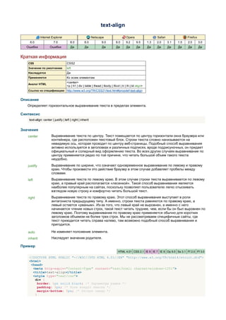 text-align

             Internet Explorer                              Netscape                     Opera                   Safari               Firefox
    6.0                  7.0            8.0          8.0           9.0          8.0      9.2      9.5      1.3   2.0      3.1   1.5   2.0       3.0
  Ошибки              Ошибки            Да           Да             Да          Да       Да       Да       Да    Да       Да    Да    Да        Да


Краткая информация
   CSS                               CSS2
   Значение по умолчанию             left
   Наследуется                       Да
   Применяется                       Ко всем элементам
                                     <center>
   Аналог HTML
                                     <p | h1 | div | table | thead | tbody | tfoot | tr | th | td align>
   Ссылка на спецификацию http://www.w3.org/TR/CSS21/text.html#propdef-text-align


Описание
   Определяет горизонтальное выравнивание текста в пределах элемента.

Синтаксис
    text-align: center | justify | left | right | inherit


Значения
   center              Выравнивание текста по центру. Текст помещается по центру горизонтали окна браузера или
                       контейнера, где расположен текстовый блок. Строки текста словно нанизываются на
                       невидимую ось, которая проходит по центру веб-страницы. Подобный способ выравнивания
                       активно используется в заголовках и различных подписях, вроде подрисуночных, он придает
                       официальный и солидный вид оформлению текста. Во всех других случаях выравнивание по
                       центру применяется редко по той причине, что читать большой объем такого текста
                       неудобно.
   justify             Выравнивание по ширине, что означает одновременное выравнивание по левому и правому
                       краю. Чтобы произвести это действие браузер в этом случае добавляет пробелы между
                       словами.
   left                Выравнивание текста по левому краю. В этом случае строки текста выравнивается по левому
                       краю, а правый край располагается «лесенкой». Такой способ выравнивания является
                       наиболее популярным на сайтах, поскольку позволяет пользователю легко отыскивать
                       взглядом новую строку и комфортно читать большой текст.
   right               Выравнивание текста по правому краю. Этот способ выравнивания выступает в роли
                       антагониста предыдущему типу. А именно, строки текста равняются по правому краю, а
                       левый остается «рваным». Из-за того, что левый край не выровнен, а именно с него
                       начинается чтение новых строк, такой текст читать труднее, чем, если бы он был выровнен по
                       левому краю. Поэтому выравнивание по правому краю применяется обычно для коротких
                       заголовков объемом не более трех строк. Мы не рассматриваем специфичные сайты, где
                       текст приходится читать справа налево, там возможно подобный способ выравнивания и
                       пригодится.

   auto                Не изменяет положение элемента.
   inherit             Наследует значение родителя.

Пример
                                                                                  HTML 4.01 CSS 2.1 IE 6 IE 7 IE 8 Op 9.5 Sa 3.1 Ff 2.0 Ff 3.0

    <!DOCTYPE HTML PUBLIC "-//W3C//DTD HTML 4.01//EN" "http://www.w3.org/TR/html4/strict.dtd">
    <html>
     <head>
      <meta http-equiv="Content-Type" content="text/html; charset=windows-1251">
      <title>text-align</title>
      <style type="text/css">
       div {
         border: 1px solid black; /* Параметры рамки */
         padding: 5px; /* Поля вокруг текста */
         margin-bottom: 5px; /* Отступ снизу */
       }
 